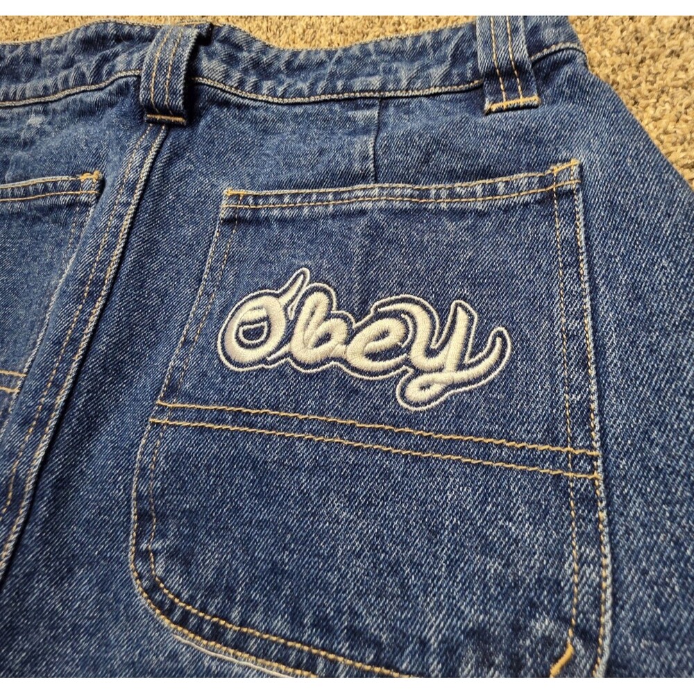 Obey Denim Jean Carpenter Skirt Size 28 90's Skater Punk Streetwear Urban - Picture 5 of 11